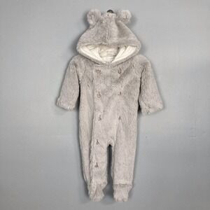 MUD Pie Size Soft Silky Gray Teddy Bear Snowsuit Wooden Buttons Size 0-6 mos